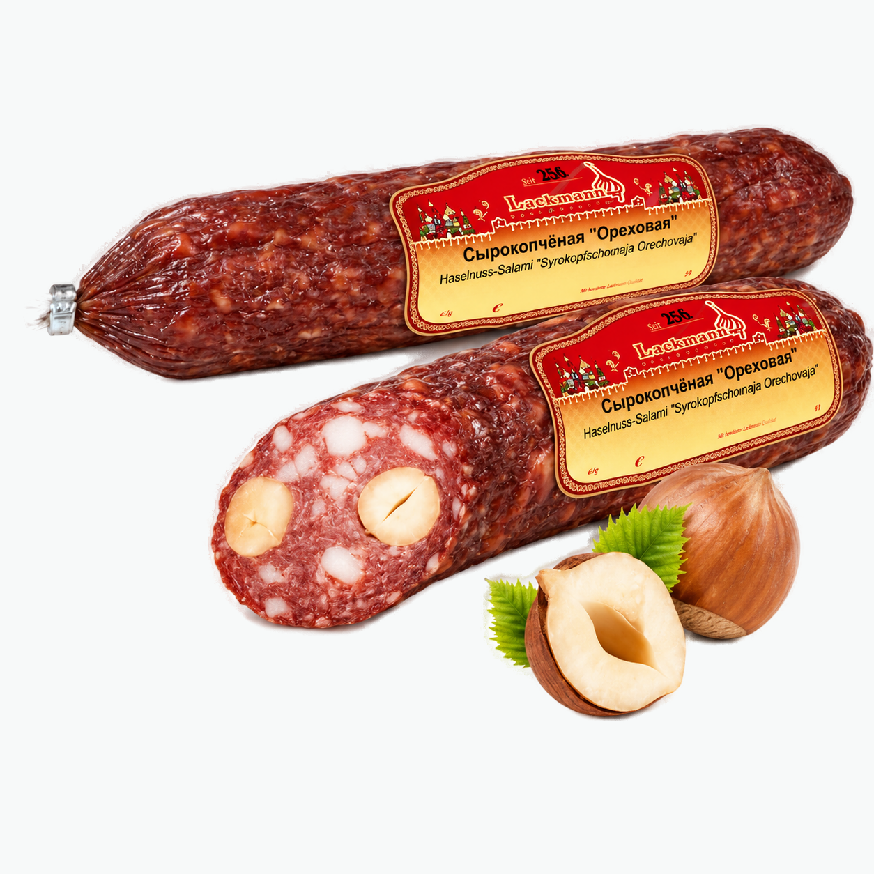 Haselnuss-Salami "Syrokoptschonaja Orechowaja", aus Schweine- und Rindfleisch, gereift, kaltgeräuchert