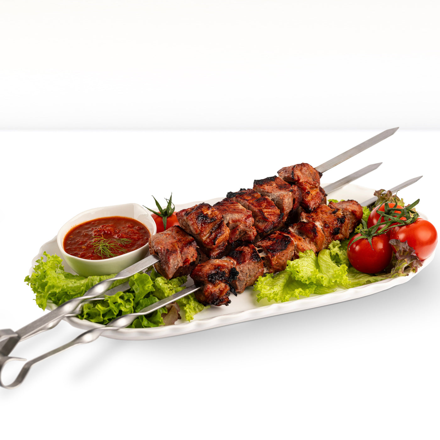 Pork shashlik with tomatoes, raw and frozen