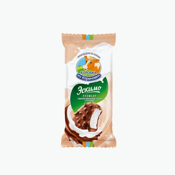 Vanilla Plombir ice cream Escimo in glaze with hazelnuts