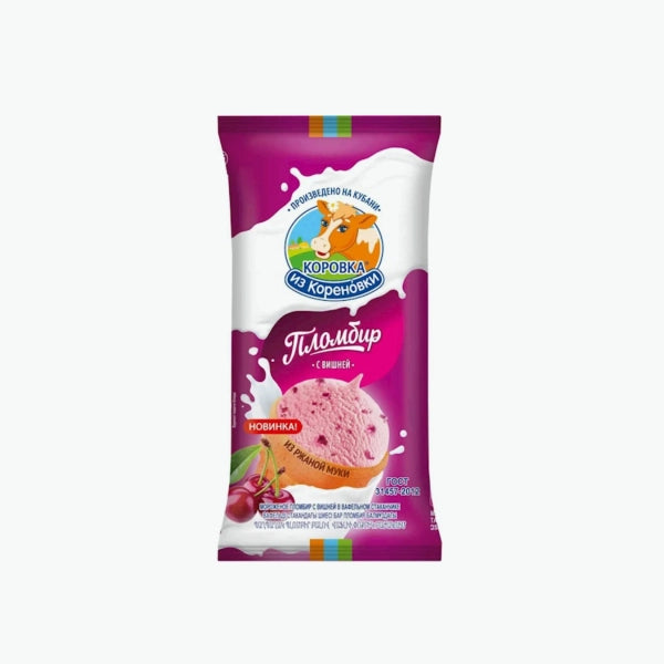 Мороженое пломбир с вишней, в вафельном стаканчике