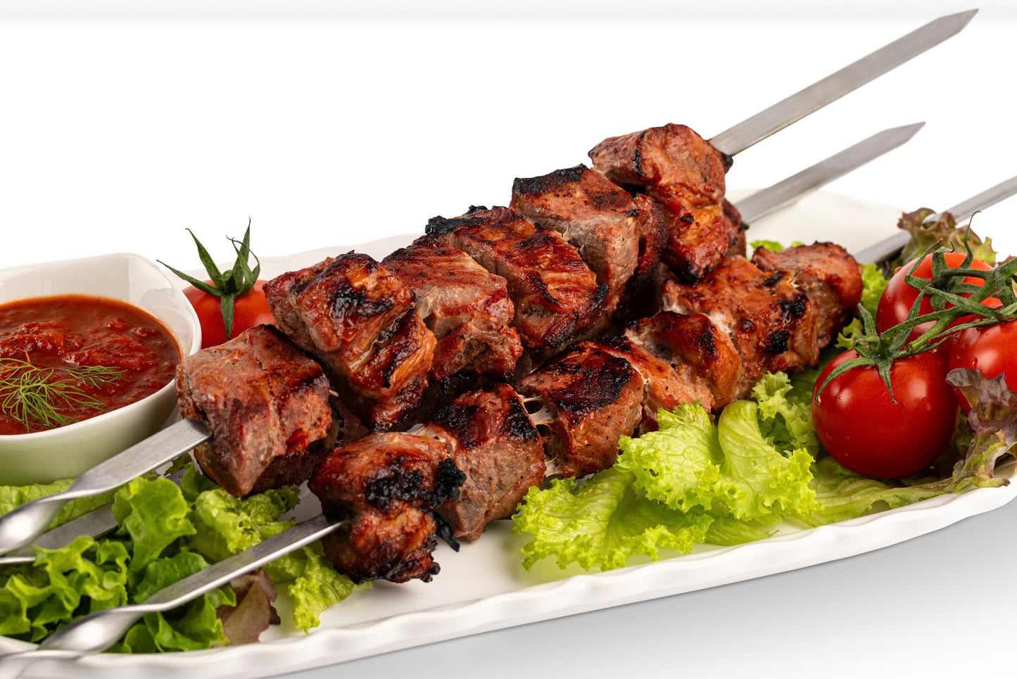 Schaschlik aus Schweinefleisch mit Tomaten, roh und tiefgefroren