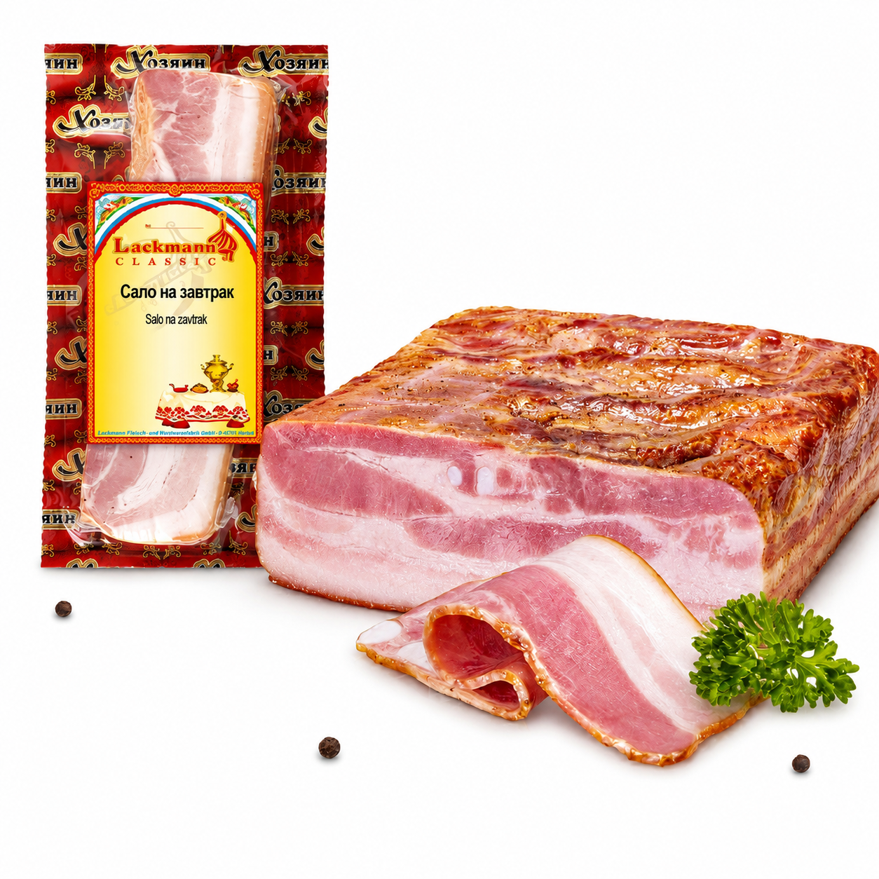 Geräucherter und gegarter Schweinebauch zum Frühstück