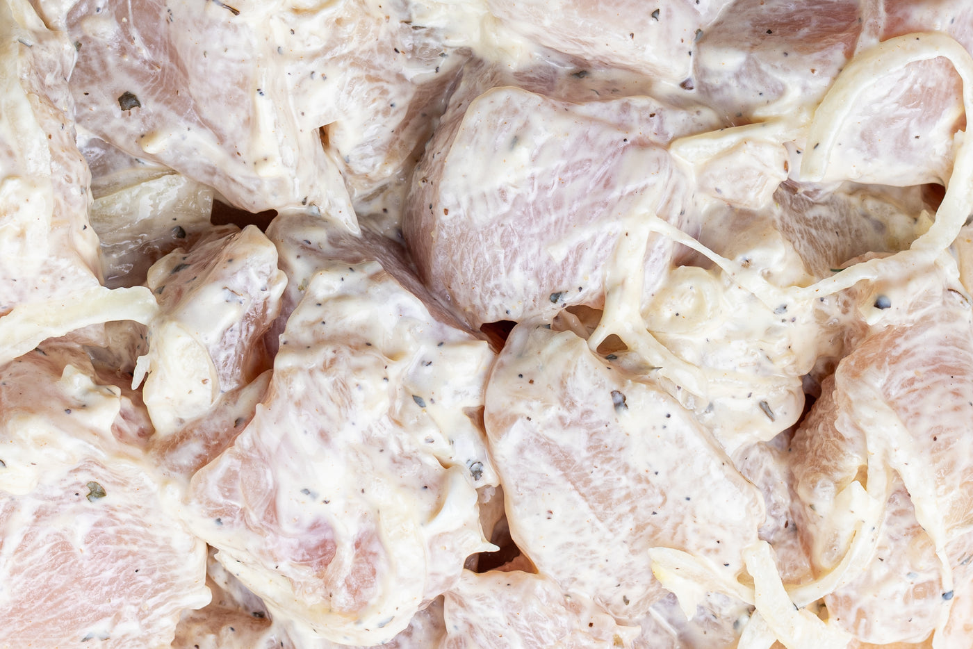 Shashlik made from chicken breast fillet, mustard-yogurt marinade, raw and deep-frozen