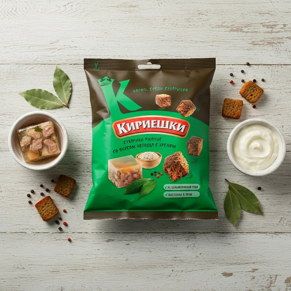 Brotcroutons „Kirieschki“ mit Meerrettich-Sülze-Geschmack