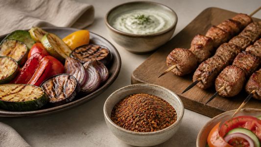 Adjika-Gewürzmischung mit Grillgemüse, Fleischspießen und Dip