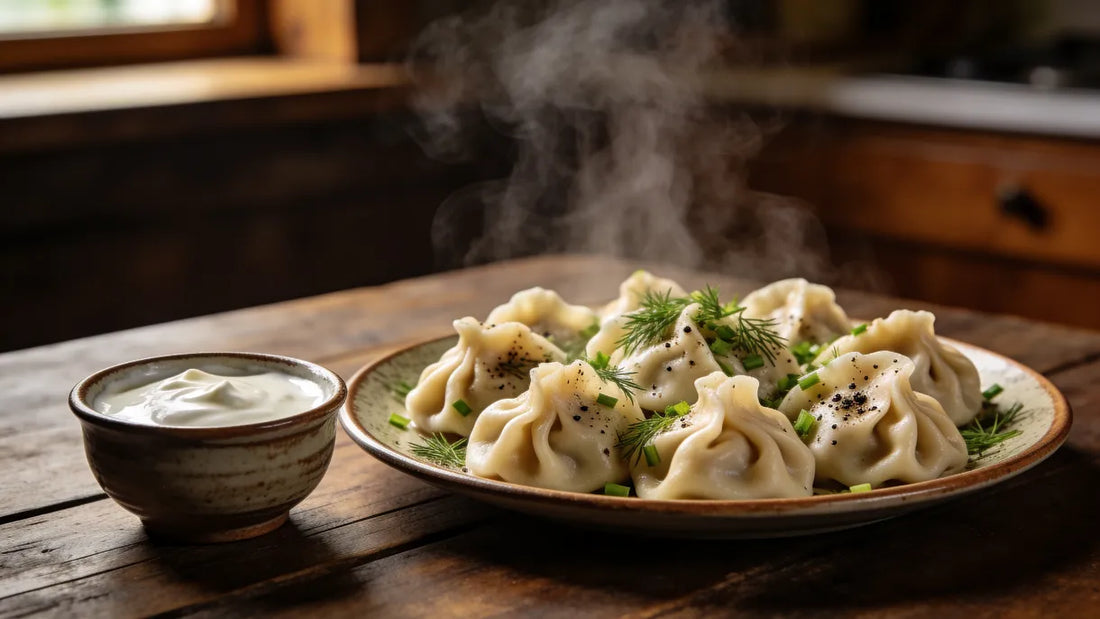 Servierte Manty auf einem Teller mit frischen Kräutern und Dampf – traditionelles Familiengericht.