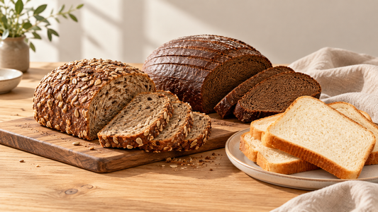 Roggenbrot, Schwarzbrot, Saatenbrot und geschnittenes Weizenbrot auf einem Holztisch