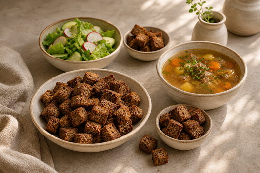 Knusprige Brotcroutons mit Suppe und Salat auf einem gedeckten Tisch