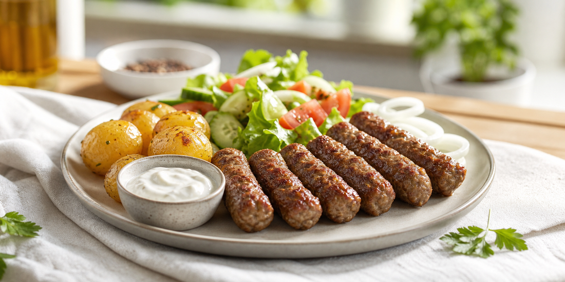 Cevapcici mit Kartoffeln, Salat und Sauce auf einem hellen Teller