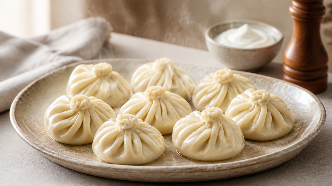 Gekochte Chinkali mit Butter, Sauerrahm und Pfeffer auf einem Keramikteller