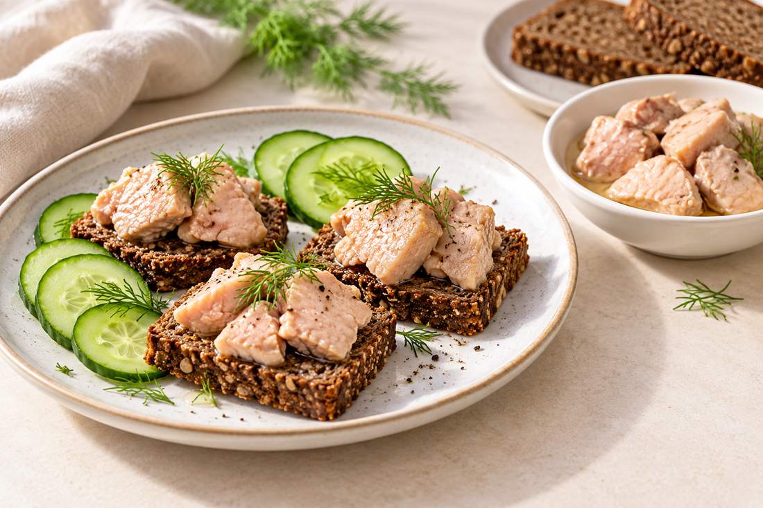 Servieridee: Dorschleber auf Brot mit Gurke und Dill