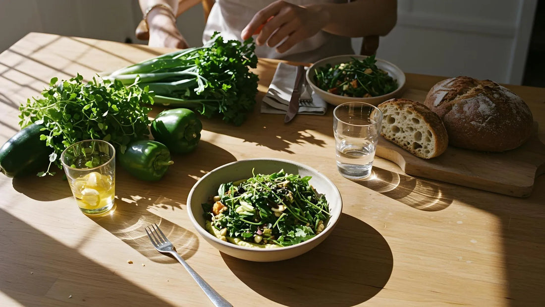 Ein heller Holztisch mit frischem Gemüse und einem pflanzlichen Gericht, das den flexitarischen Lebensstil widerspiegelt.