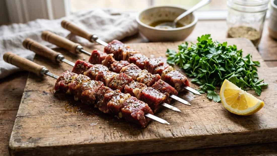 Marinierter Schaschlik auf Holzspießen, vorbereitet für die Grillsaison