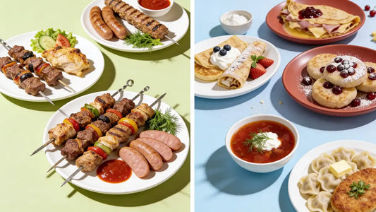 Frostix TOP-Box mit russischen Klassikern: Pelmeni, Borschtsch und Blinis serviert auf weißen Tellern.