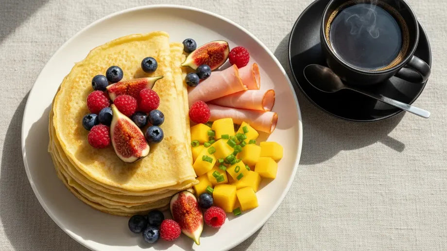 Äthiopien Specialty Kaffee mit Pfannkuchen und Quark-Himbeeren