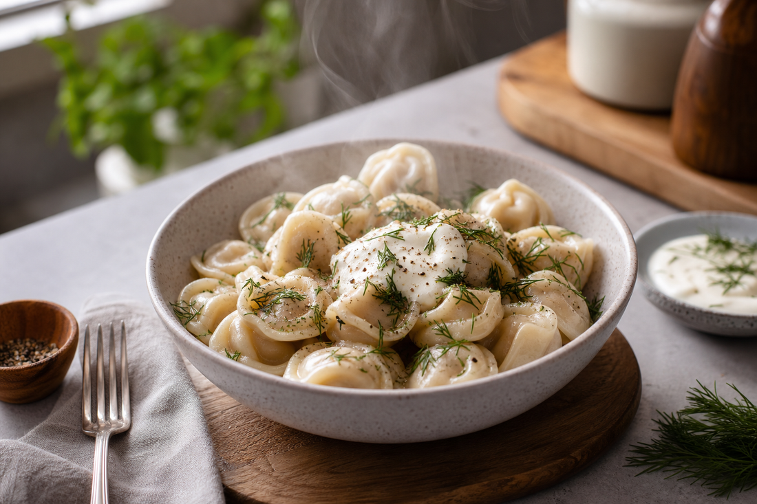 Gekochte Pelmeni mit Sauerrahm und Dill als Serviervorschlag