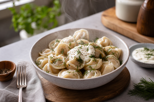 Gekochte Pelmeni mit Sauerrahm und Dill als Serviervorschlag