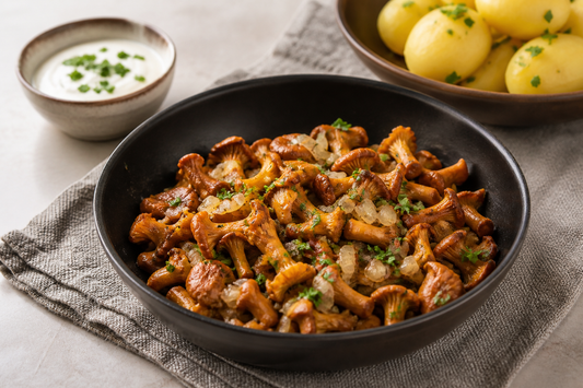 Zubereitete Pfifferlinge in einer Pfanne mit Kräutern und Beilagen