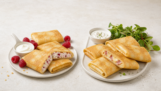Süß und herzhaft gefüllte Blinis mit Himbeeren, Salat und Dips