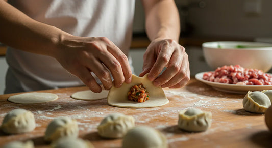 A person preparing homemade dumplings, carefully folding dough around savory fillings with hands on a kitchen table