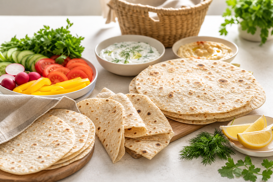 Lavasch und Fladenbrot mit Gemüse und Dips als Vorratsidee für Brot und Backwaren