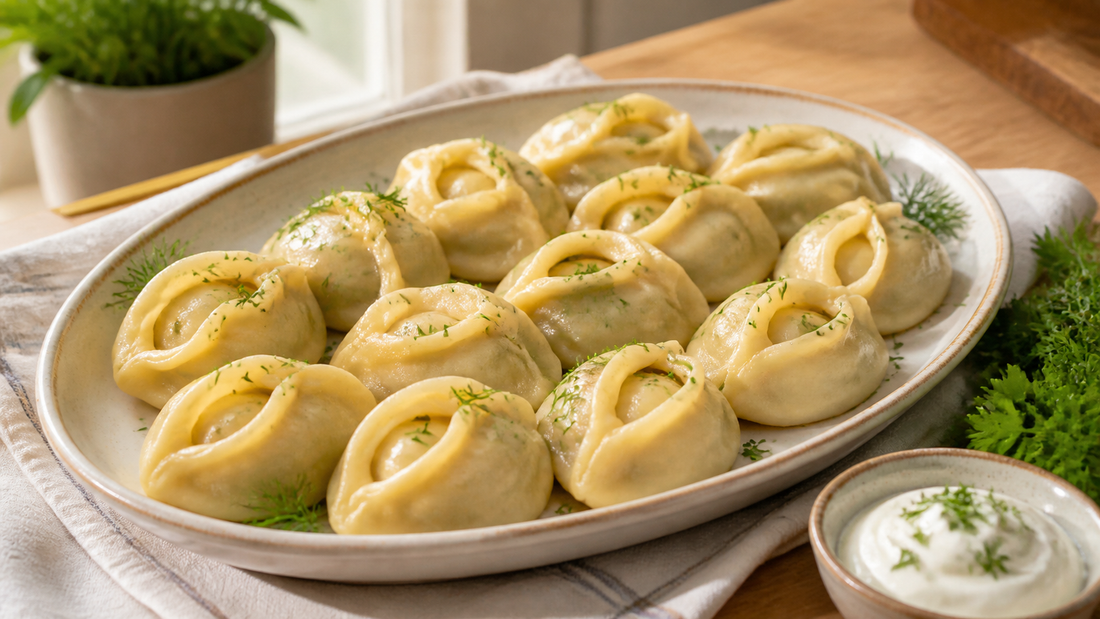 Gedämpfte Manty auf einer Servierplatte mit Sauerrahm und Kräutern