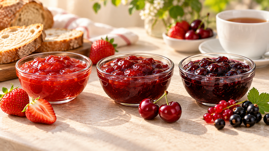 Drei Fruchtaufstriche mit Erdbeeren, Kirschen und Johannisbeeren zum Frühstück