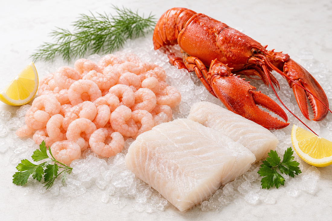 Meeresfrüchte mit Garnelen, Hummer und Fisch auf Eis