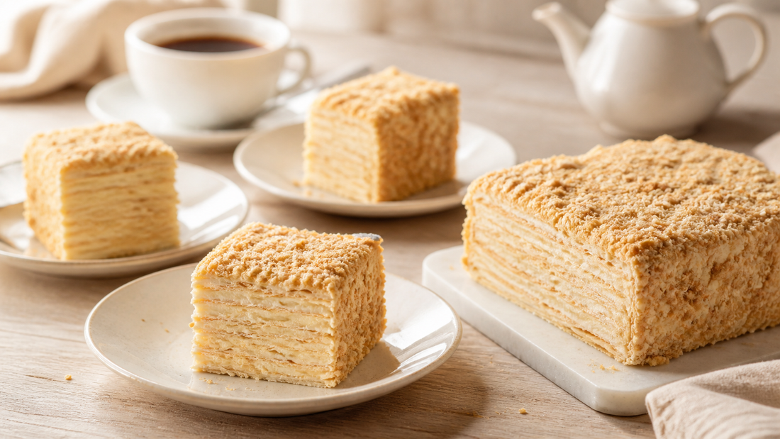 Servierte Napoleon-Torte mit sichtbaren Schichten auf Desserttellern neben Kaffee
