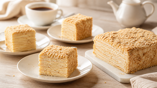 Servierte Napoleon-Torte mit sichtbaren Schichten auf Desserttellern neben Kaffee