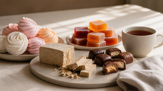 Zefir, Halva, Pralinen und Fruchtmarmelade mit einer Tasse Tee