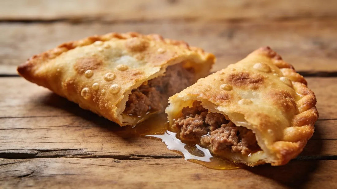 Halbierter Tscheburek mit goldener Kruste, saftiger Füllung und sichtbarer Bouillon im Inneren.