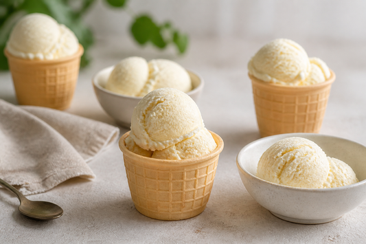 Cremiges Plombir Eis in Waffelbechern auf einem hellen Tisch