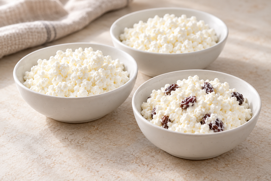 Illustrative Anrichteidee: Quark und Quarkmasse mit Rosinen in drei Schalen