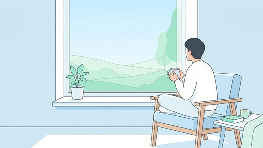 Eine Person entspannt sich mit einer Tasse Tee an einem hellen Fenster und genießt einen ruhigen Moment ohne digitale Geräte.