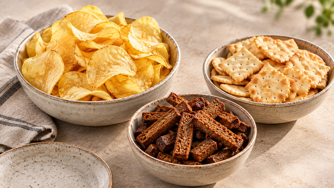 Kartoffelchips, Roggenbrotsnacks und Cracker in drei Keramikschalen