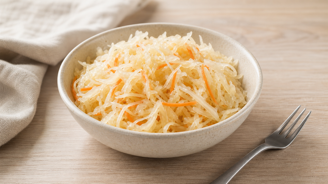 Servierfertiges Sauerkraut mit Karotten in einer hellen Keramikschale
