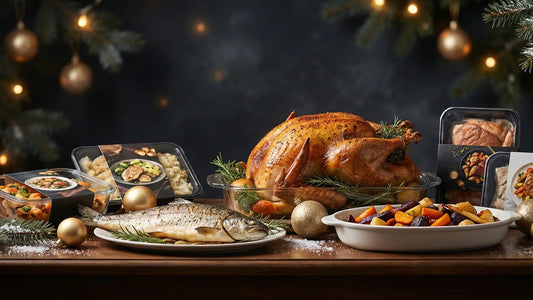 Christmas festive table with baked chicken, fish and ready-made premium dishes on the background of a Christmas tree