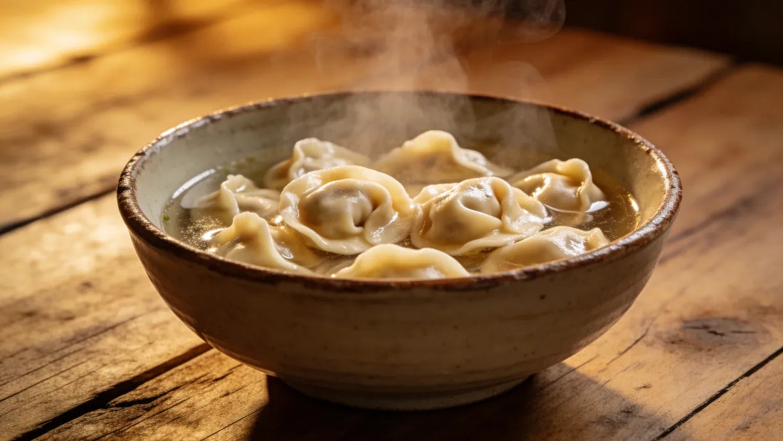 Eine Schale mit dampfenden Pelmeni auf einem rustikalen Holztisch, die das Konzept des sibirischen Goldes illustriert.