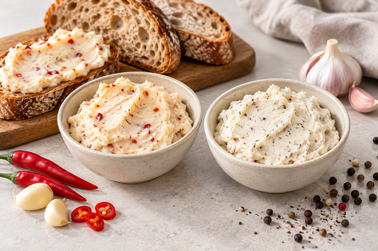 Zwei Speckaufstriche mit Brot als Serviervorschlag