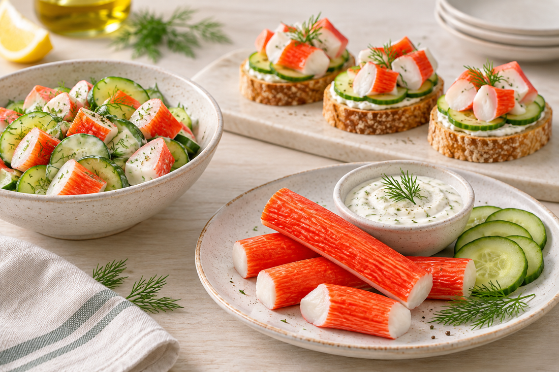 Servierideen mit Surimi: Gurkensalat, Brothäppchen und kalter Vorspeisenteller
