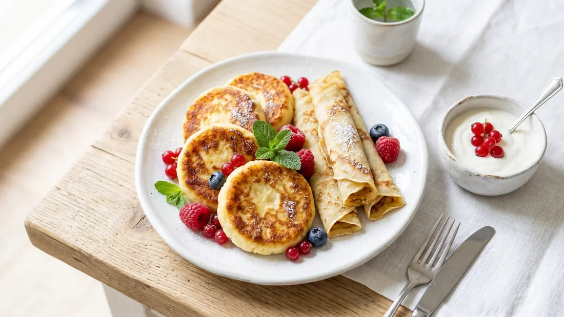 Ästhetischer Frühstücksbrunch zu Hause mit goldenen Quarkpuffer-Syrniki, dünnen Pfannkuchen, frischen Beeren und Kaffee in gemütlicher Atmosphäre.