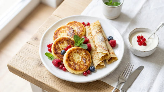 Ästhetischer Frühstücksbrunch zu Hause mit goldenen Quarkpuffer-Syrniki, dünnen Pfannkuchen, frischen Beeren und Kaffee in gemütlicher Atmosphäre.