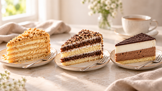 Drei unterschiedliche Tortenstücke für einen Vergleich von Schichttorte, Cremetorte und Desserttorte
