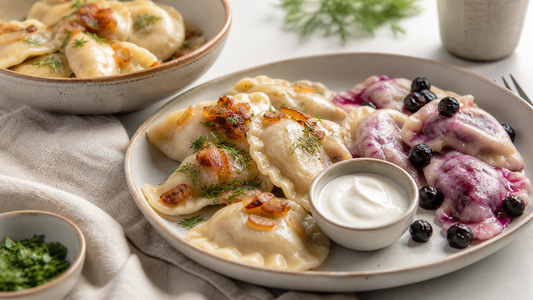 Servierte Wareniki mit Kräutern, Zwiebeln, Beeren und Sauerrahm als Auswahlbeispiel