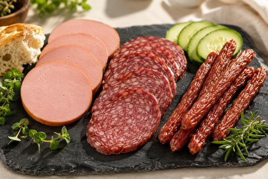 Brühwurst, Salami und geräucherte Würstchen auf einer Auswahlplatte