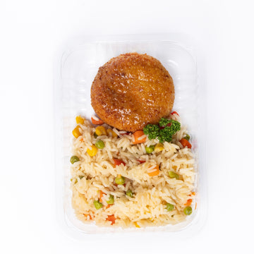 Menü: Reis mit Frikadelle aus echtem Lachsfilet