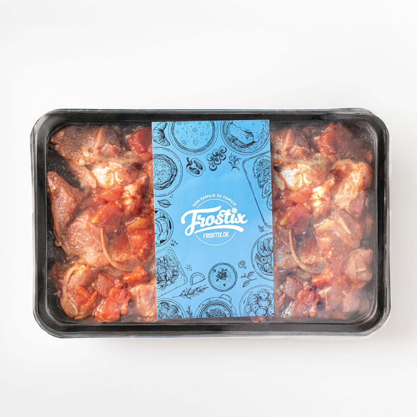 Pork shashlik with tomatoes, raw and frozen