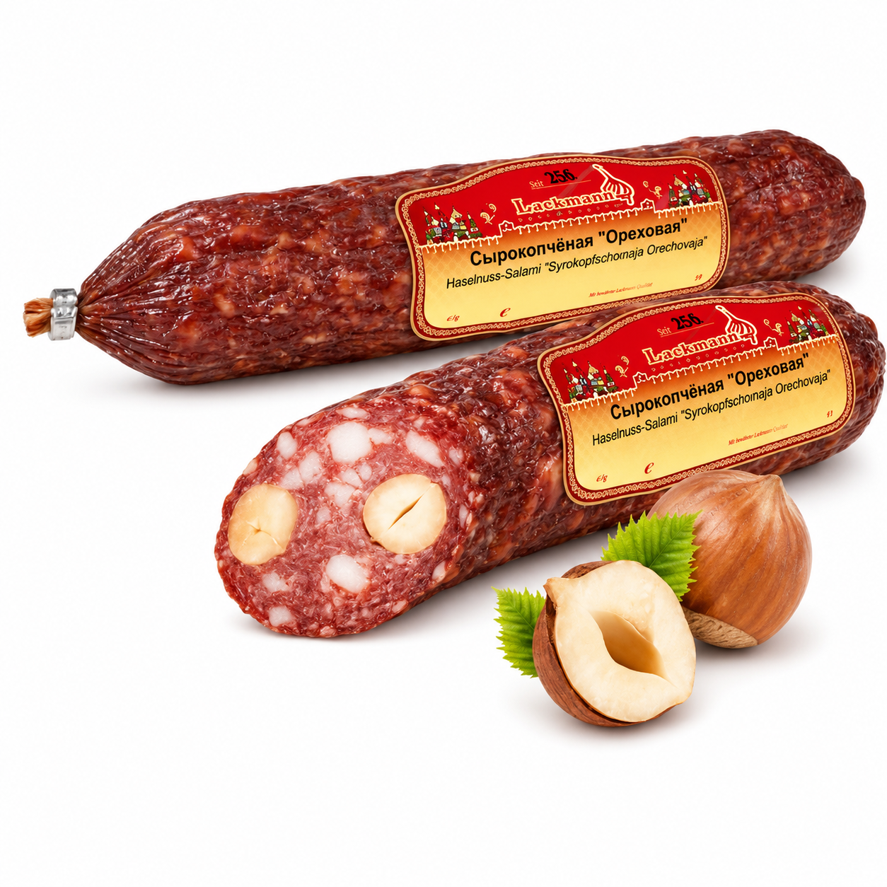 Haselnuss-Salami "Syrokoptschonaja Orechowaja", aus Schweine- und Rindfleisch, gereift, kaltgeräuchert