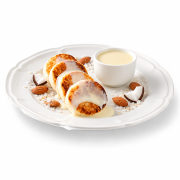 Quarkpuffer „Sirniki“ mit Kokos, Mandeln und weißer Schokolade